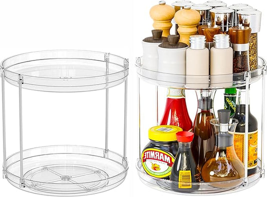 2 Tier Lazy Susan Turntable for Cabinet,Countertop,Pantry,9.5"W Spinning Seasoning Organizer,Double Rotating Kitchen Spice Rack Organizer and Condiments,Medicine,Vitamin Bottle Organizer Carousels,2Pc