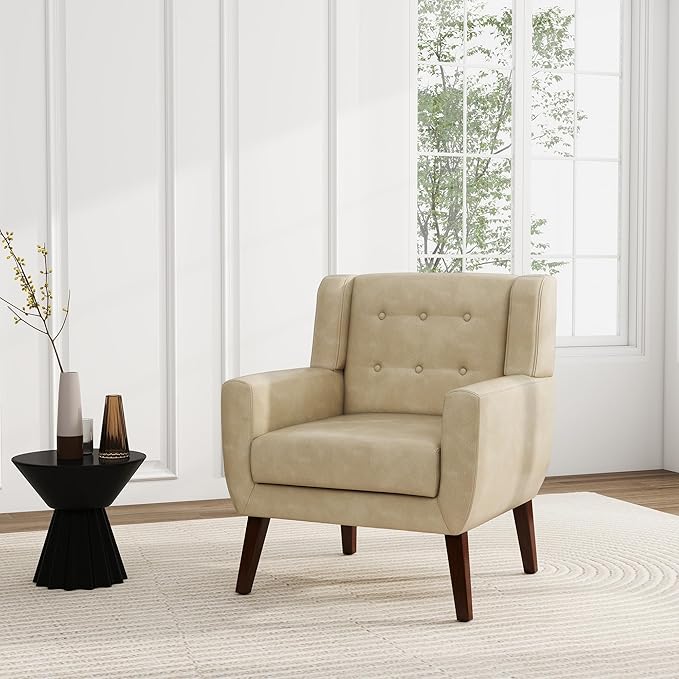 UIXE Faux Leather Accent Chair, Modern Arm Club Chair Upholstered Armchair for Living Room, Comfy Single Sofa Seats Button Tufted Reading Seating, Cream