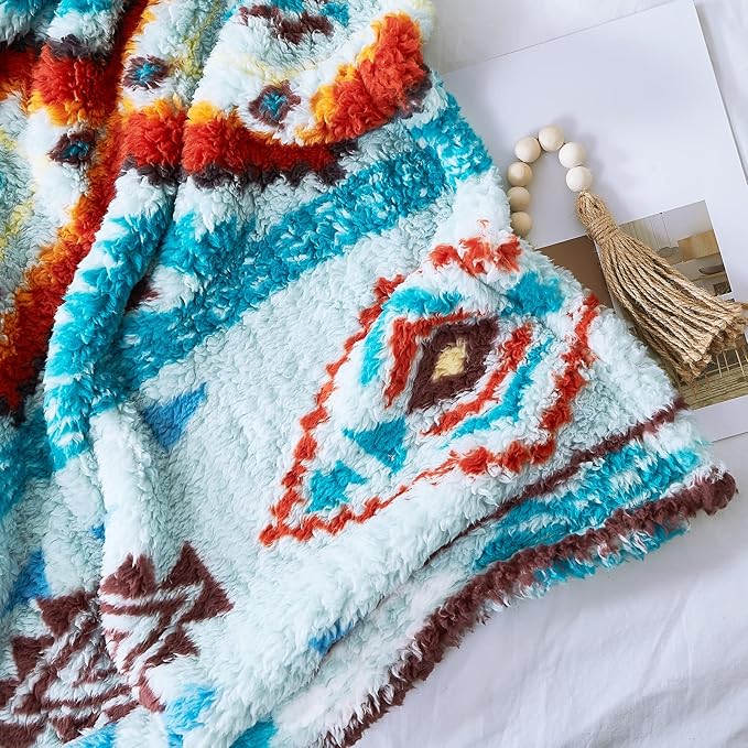 CASAAGUSTO Boho Sherpa Throw Blanket, Aztec Queen Blanket, Ultra Soft, Warm, Cozy, Plush, Thick Fleece Bohemian Throw Blanket for Couch, Bed, Sofa (Aqua 90 * 90 Inch)