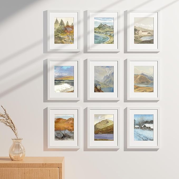Vittanly 8.5x11 Picture Frames Set of 9, Shatter Resistant Plexiglass, Display 6x8 Pictures with Mat or 8.5x11 without Mat, Photo Frames for Wall or Tabletop, Engineered Wood, White