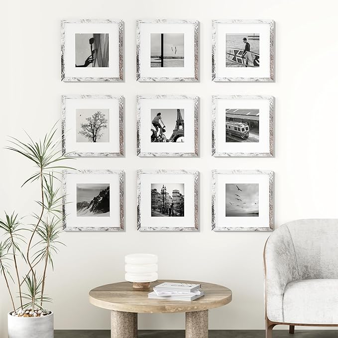 Vittanly 12x12 Picture Frames Set of 9, Shatter Resistant Plexiglass, Display 8x8 Pictures with Mat or 12x12 without Mat, Photo Frames for Wall Mount, Engineered Wood, Distressed White