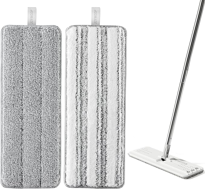 JOYMOOP Mop Replacement Pads, Reusable Microfiber Mop Pads for 13-inch Flat Mop and Mop Bucket Set, Pack of 2 Refills - Grey and Stripe