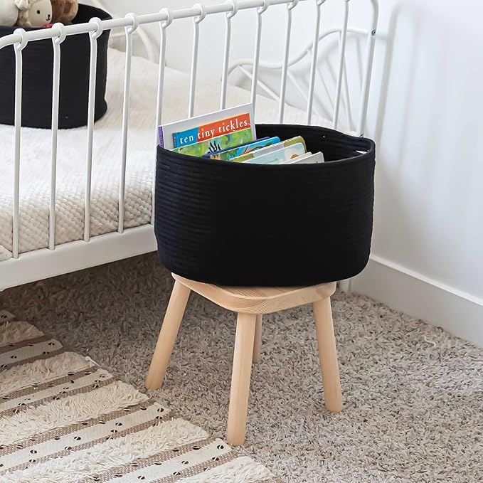 OrganiHaus Woven Storage Baskets for Organizing, Cotton Rope Organizer Bins for Shelves, Closet & Nursery, Dog Toy Basket, Decorative Bins for Toys, Towels & Books - 15x10x9, Black