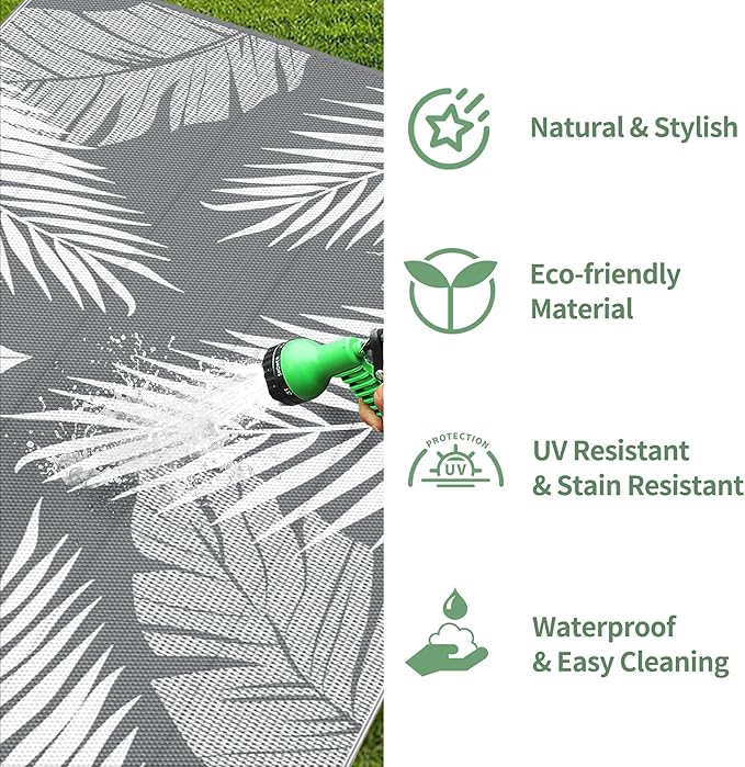 GENIMO Outdoor Rug 10' x 20' Waterproof for Patios Clearance, Reversible Outdoor Plastic Straw Camping Rug Carpet, Large Area Rugs Mats for RV, Camper, Deck, Balcony, Porch, Beach, Picnic, Grey&White