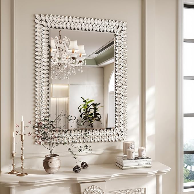 Kelly Miller 30"x40" Jeweled Bathroom Wall Mirror, Large Rectangle Mirror Decorative Mirror Luxury Vanity Mirror with Diamonds for Master Bath Half Bath Living Room Bedroom Fireplace Mantle Entryway