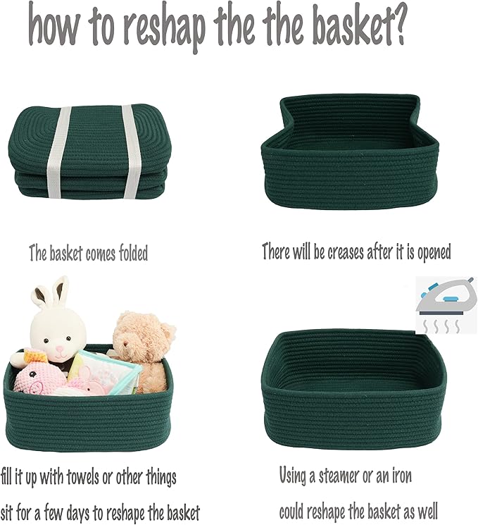 Small Woven Storage Baskets 12“X8”X5“ Decorative Rope Bins for Organizing Shelves, Closets, and Toys, Empty Gift Baskets, Cute Organizer Basket for Home and Office (dark green, regular)