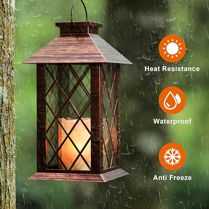 Solar Lanterns Outdoor, Waterproof Garden Hanging Lanterns,13" Outdoor Decorative Lantern with LED Flickering Flameless Candles, Vintage Lantern for Porch, Yard,Patio Decor
