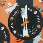 Whaline 4Pcs Round Halloween Placemats Embroidered Ghost Pumpkin Candy Corn Place Mats Black Spooky Dinner Table Mats for Halloween Party Decor