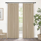 Macochico 100% Blackout Pinch Pleated Linen Curtains Thermal Window Treatments Sound Reducing Curtains for Bedroom Living Room Sand Beige Farmhouse Burlap Drapes with Tieback 52”Wx63”L 1 Panel