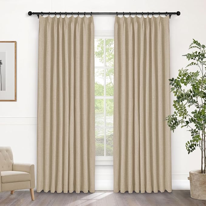 Macochico Sand Beige 100% Blackout Linen Curtains 96 Inches Long Pinch Pleated Curtains for Bedroom Living Room Nursery Farmhouse Insulated Sound Reducing Drapery with Tieback 84”Wx96”L 1 Panel