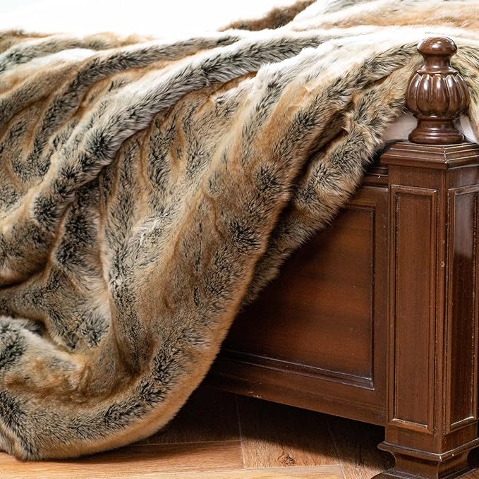 BATTILO HOME Luxury Brown Faux Fur Blanket Thick Warm Elegant Cozy Fuzzy Throw for Couch, Bed, Sofa Fluffy Blankets Decorative Reversible to Plush Velvet, 50"x60"