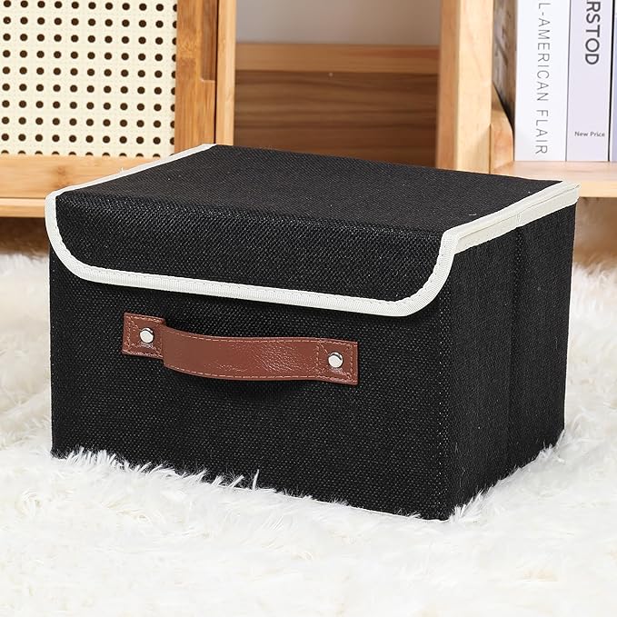 ANMINY Storage Bin with Lid Storage Boxes with PU Leather Handles PP Plastic Board Decorative Foldable Lidded Cotton Linen Fabric Home Cubes Baskets Closet Organizer Container - Black, Small Size