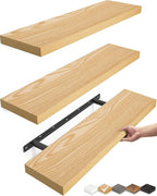 BAYKA Floating Shelves for Wall, 22.5 inches Wall Mounted Rustic Wood Shelves for Bathroom, Bedroom, Living Room, Floating Shelves for Books/Storage/Decor (Oak-Toned,Set of 3)