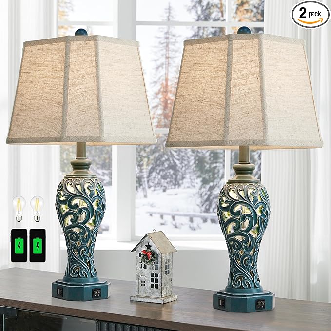 25'' Farmhouse Table Lamps Set of 2 for Living Room Bedroom, 2 USB Ports Coastal Vintage Table Lamp with Nightlight, Blue Green Hollow Out Resin Lamp for End Table (Bulbs Included)
