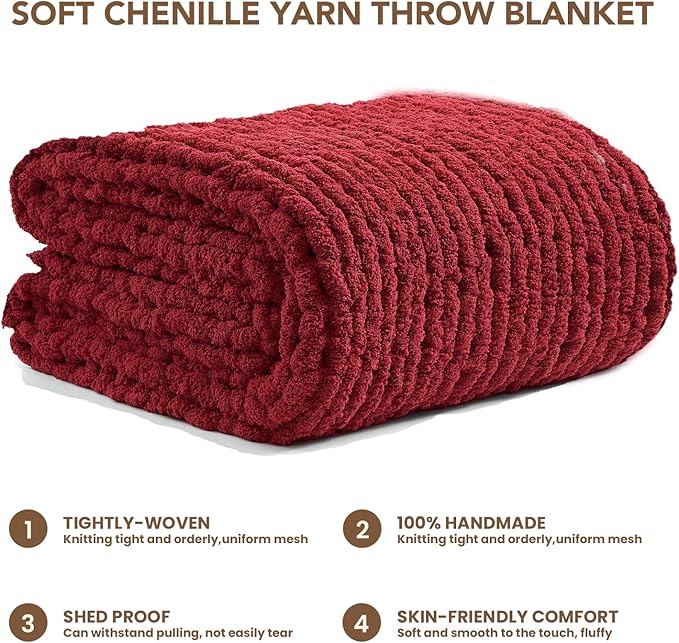 L'AGRATY Chunky Knit Blanket Throw: 60''x80'' Chenille Chunky Knitted Throw Blankets for Twin Bed Couch - Handmade Thick Cable Knit Blanket - Large Crochet Rope Blankets for Home Decor(Maroon Red)