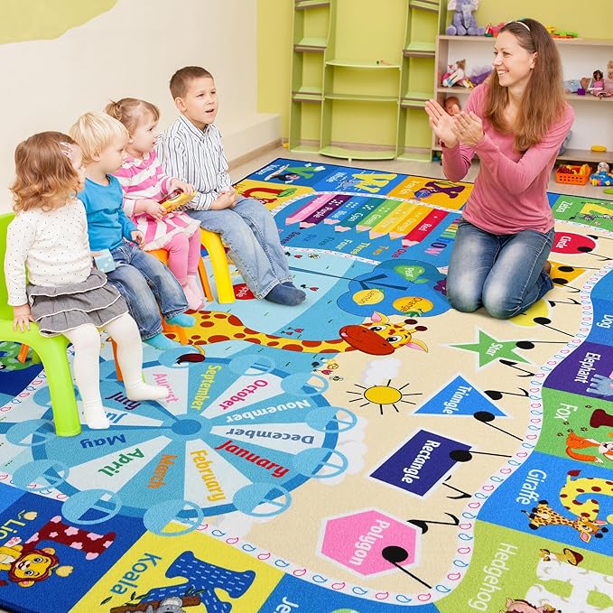 Kids Rugs for Playroom Washable, Educational and Fun Learning Rugs with ABC Alphabet Animals Shapes, Baby Toddler Children's Play Mat for Bedroom Classroom Nursery, 5x7 Feet, Blue