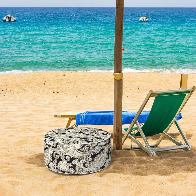 Inflatable Ottoman Stool D21 xH9 for Outdoor/Indoor Use, Water Repellent Patio Foot Rest Stool with Portable Handle,Round Pouf Ottoman Suitable for Garden,Deck and Camping - Paisley Black