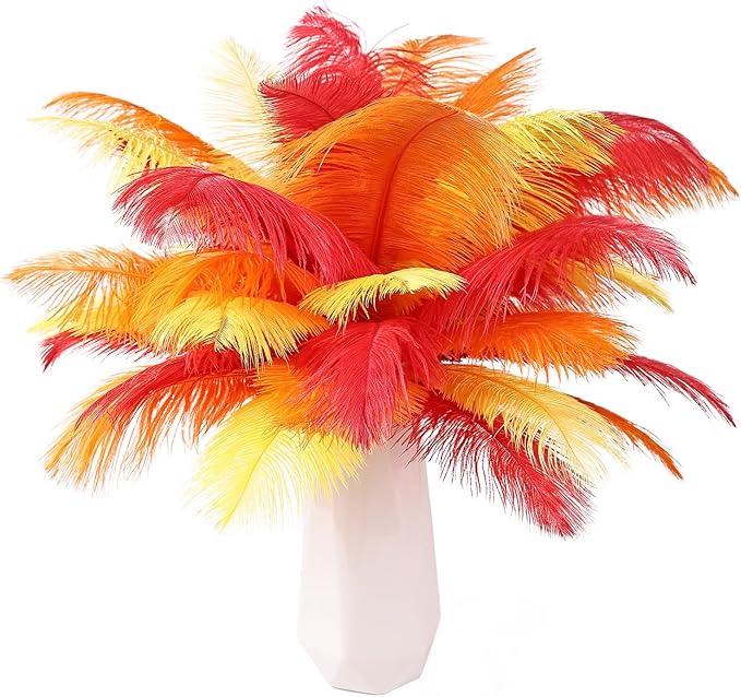THARAHT Red Orange Yellow Ostrich Feathers 24pcs Natural Bulk 10-12Inch 25cm-30cm for Crafts Wedding Party Centerpieces Halloween and Home Decoration Feathers