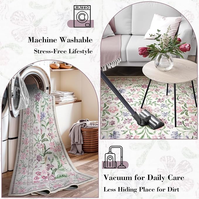 Wonnitar Purple Floral 8x10 Area Rugs, Washable Rug for Living Room, Soft Ultra-Thin Non-Shedding Large Indoor Boho Carpet for Bedroom Nursery Playroom Classroom Decor, Light Purple/Pink