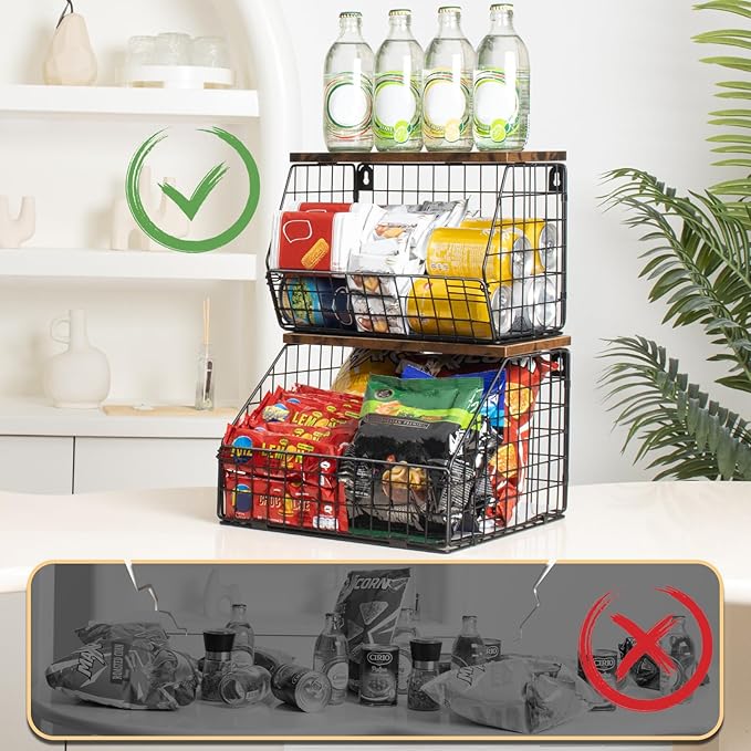 Fruit Basket, Stackable Wall Mounted Fruit Baskets, Potato Baskets Onion Storage for Kitchen, Hanging Wire Basket with Wood Lid, 2-Tier Vegetable Organizer Kitchen Countertop Organization