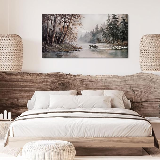 HGUAOA Mountain Canvas Wall Art Rustic Lake Landscape - Nature & Forest Scenery Paintings Pictures for Living Room & Bedroom Wall Decor Vintage Artwork for Walls