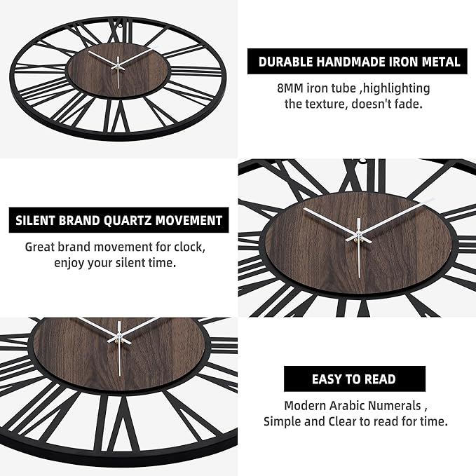 LEIKE 32" Oversized Large Wall Clocks,Silent,Non Ticking,Battery Operated Modern Round Big Wood Decorative Metal Wall Clock for Living Room, Bedroom,Kitchen,Farmhouse,Office Decor - Black,32 Inch