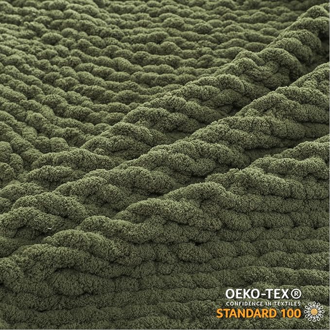 WESHIONGOO Chunky Knit Blanket Throw 50"×60" Knitted Throw Blankets for Couch Bed Fluffy Soft Blanket with Jumbo Chenille Yarn Thick 100% Handmade (Olive Green)