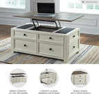 Signature Design by Ashley Bolanburg Farmhouse Lift Top Coffee Table with Drawers, Antique Cream & Brown