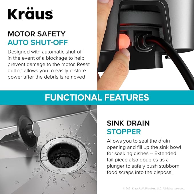 KRAUS WasteGuard 3/4 HP Ultra-Quiet Garbage Disposal with Quick Connect, Kitchen Sink Drain Cover, Power Cord and Flange Included, KWD100-75MBL