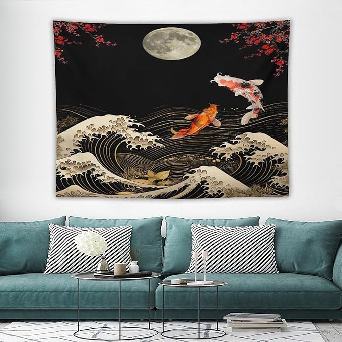 Houselerax Koi Fish Tapestry, Japanese Style Yin Yang Big Wave Cherry Blossom Tapestries Wall Hanging for Bedroom Living Room Office Decor 80"x60"