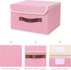 ANMINY 2PCS Storage Bins with Lid PU Leather Handles Storage Boxes PP Plastic Board Decorative Foldable Lidded Cotton Linen Fabric Home Cubes Baskets Closet Organizer Containers - Pink, Small Size