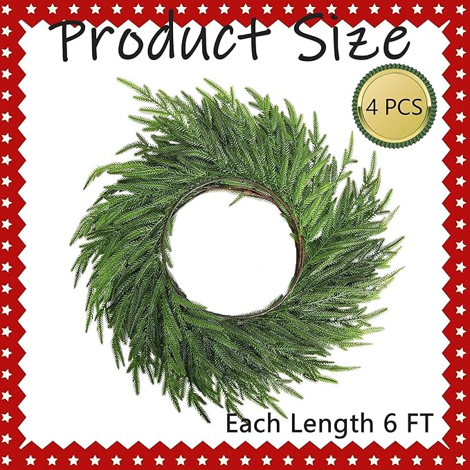 Watayo 4 Pcs Christmas Norfolk Pine Garland, 6 Ft Dense Real Touch Pine Garland Ornament, Realistic Artificial Pines Greenery Garlands for Mantle, Table, Fireplace, Indoor, Outdoor Xmas Decoration