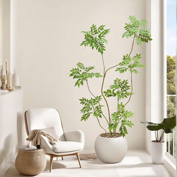 Artificial Mahonia Fortunei Tree 6ft,Tall Fake Plant Artificial Sumac Tree, Faux Plants Indoor Fake Plants Decor with Pots for Home Office Bathroom Bedroom Living Room Decorations Housewarming