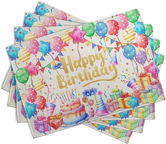 Happy Birthday Placemats Set of 4 Colorful Balloons Confetti Cake Linen Table Mats 12x18 Inch Birthday Party Place Mats for Kitchen Dining Outdoor Indoor Decorations