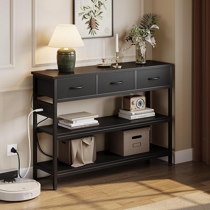Lulive Entryway Table with Power Outlets, Console Table with 3 Fabric Drawers, Sofa Table for Living Room, Hallway, Couch, Foyer, Height Adjustable (Black, 43")