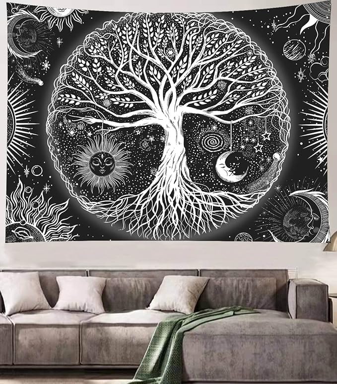 FORATER Tree of Life Tapestry Wall Hanging, Sun and Moon Aesthetic Wall Tapestry Black and White Tapestries Home Decor for Living Room Bedroom(61 x 82 Inch, Black and White)
