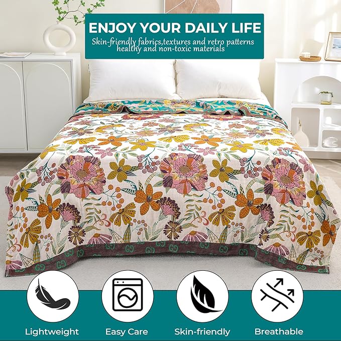 Premium Bed Throws- Boho Throw Blanket 80”x 90”,100% Cotton Ultra Soft Rustic Quilt Summer Blanket Travel Muslin Blanket Home Decor Large Bed Blankets All Season Throws for Women Mom