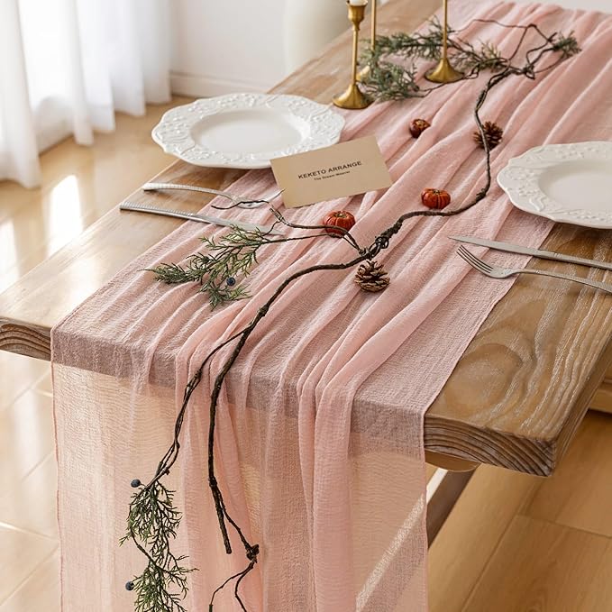 6pcs Pink Gauze Rustic Cheesecloth Table Runner 120 Inch 10 FT for Wedding Baby Shower Bridal Shower Birthday Engagement Garden Outdoor Party Long Sheer Boho Decorations