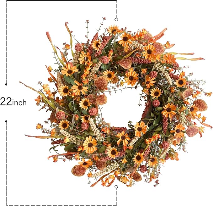 Bibelot Fall Front Door Wreath, 22" Artificial Floral with Colorful Daisies and Autumn Foliage - Orange for Wall, Window and Thanksgiving Decor