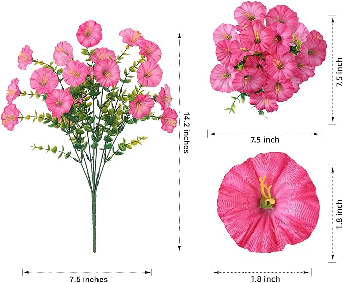 Artificial Flowers for Outdoors Fake Plants Outside Decoration, 12 Bundles Silk Pink Morning Glory with Eucalyptus UV Resistant Look Real Faux Flowers for Planter Front Door Yard Gardens Home