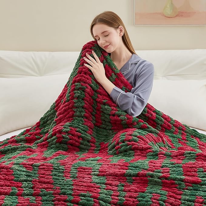 Chunky Knit Throw Blanket, 60''*80'' Knitted Throw Chenille Yarn for Bed Couch, Handmade Stripe Crochet Big Thick Blanket, Machine Washable Cute Comfy Blanket for Home Decor