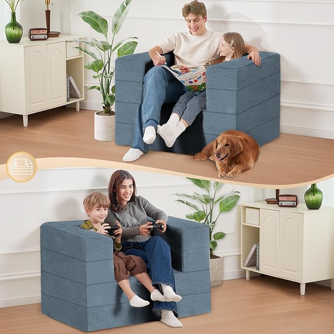Folding Bean Bag Chair for Adults,3-in-1 Bean Bag Couch Faux Fur Floor Sofa Large Beanbag Convertible Bean Bag Sofa Bed with Pillow in Bedroom,Living Room,Apartment(Twin,Gray)