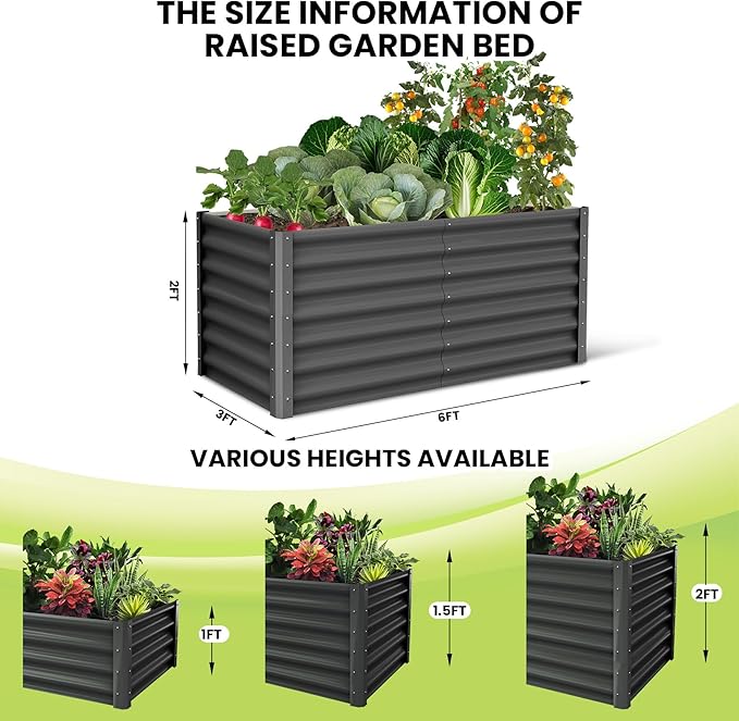 Galvanized Raised Garden Bed Outdoor, 2 Pcs 6x3x2FT Outdoor Large Planter Raised Beds Open Base with Safety Edge and Glove for Vegetables Flowers Ground Planter, Dark Gray