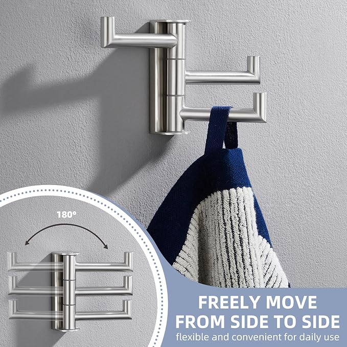 Angle Simple Swivel Towel Hook 3 Arms, SUS 304 Stainless Steel Foldable Robe Towel Hook for Bathroom, Wall Coat Holder, Brushed Nickel