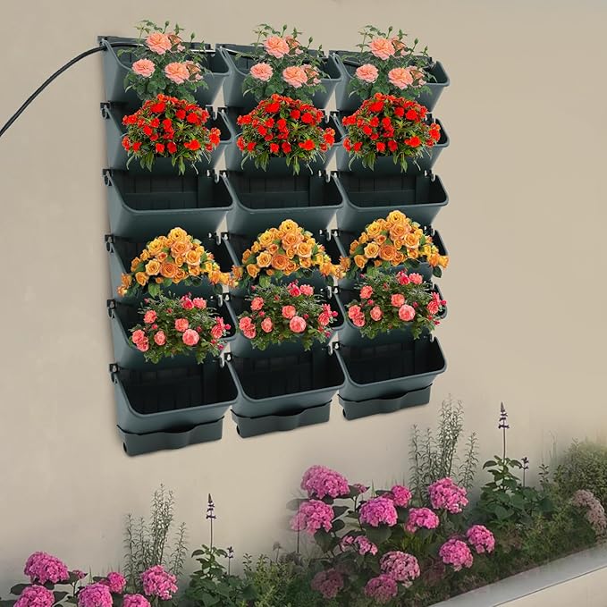 18 Pots Self-Watering Vertical Wall Planter, 39.4”L x 39.4”H Stackable Plastic Wall-Mounted Plant Grow Pots, Wall Hang Garden Planter Outdoor Indoor for Herbs Flowers Strawberries (Green)
