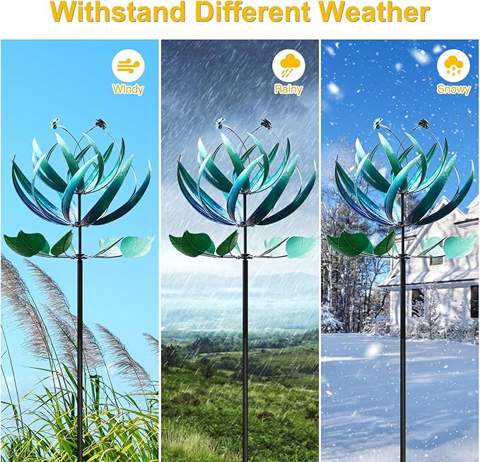LimeHill Wind Spinner for Yard and Garden - Large Metal Windspinners for Outdoor Decorations (Blue Lotus (24 X 84 Inches))