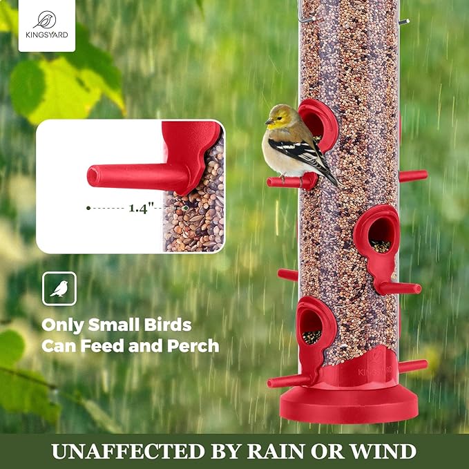 Kingsyard 2 Pack Tube Bird Feeders for Outdoors Hanging, Premium Hard Plastic Bird Feeder with 6 Feeding Ports, Weatherproof & Steel Hanger, Attracting for Wild Birds (Red)