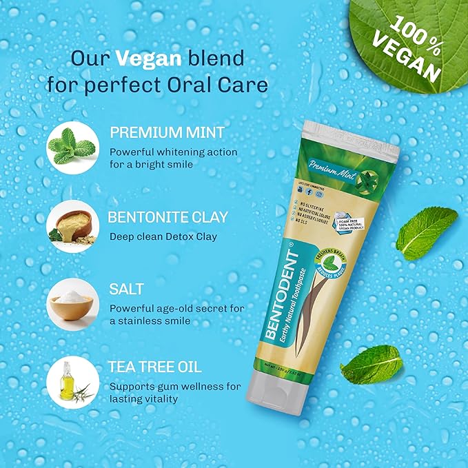 Bentodent Remineralizing Food Grade Organic Calcium Bentonite Clay Toothpaste Fluoride Free Natural Toothpaste for Adult & Kids - Mineral Toothpaste Sensitive Teeth Whitening (Premium Mint)