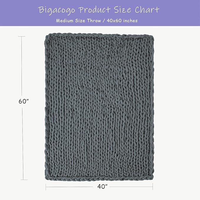 Bigacogo Chunky Knit Throw Blanket for Couch, 40x60 inches, 100% Hand Knitted with Thick Jumbo Chenille Yarn, Cozy Soft Large Rope Knot Cable Crochet Blankets for Sofa Bed Living Room, Iron Gray