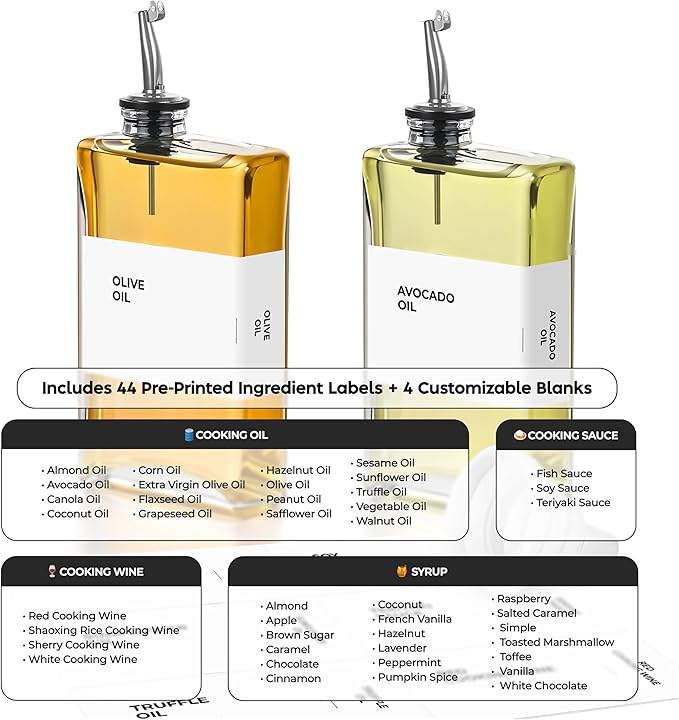 Olive Oil Dispenser Bottle - Includes 44 Kitchen Essential Labels - Cooking Oil Bottles for Kitchen, Coffee Syrup Dispenser - Pourer Spout with 11.8 fl oz Glass Container Cruet - 2pcs Silver